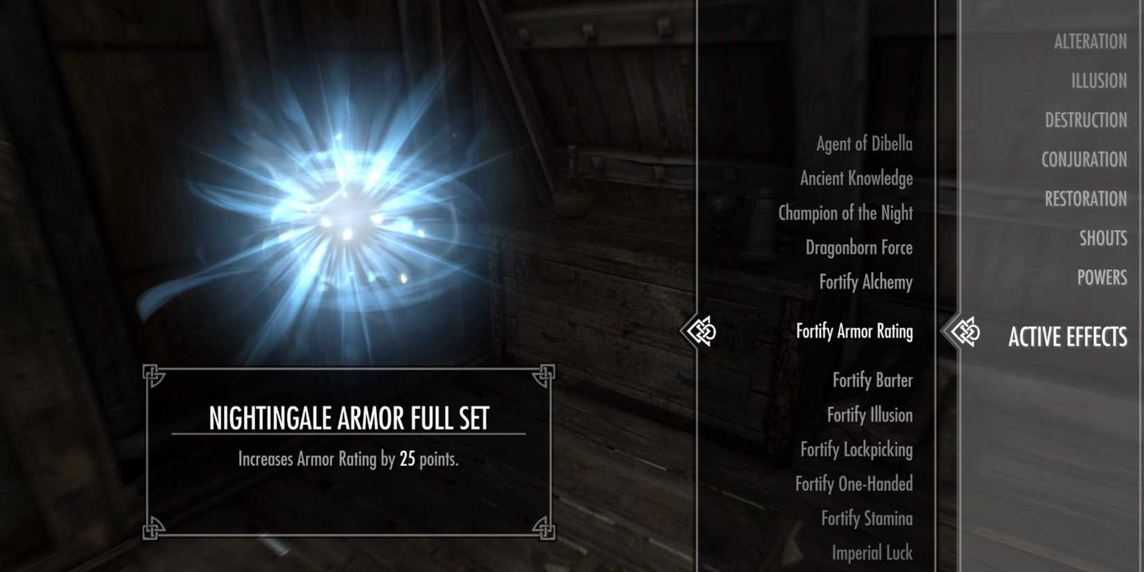 Nightingale Armor Full Set active effect menu in Skyrim 