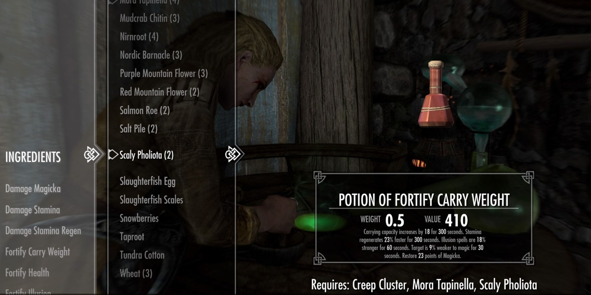 Skyrim Potion of Fortify Carry Weight crafting menu