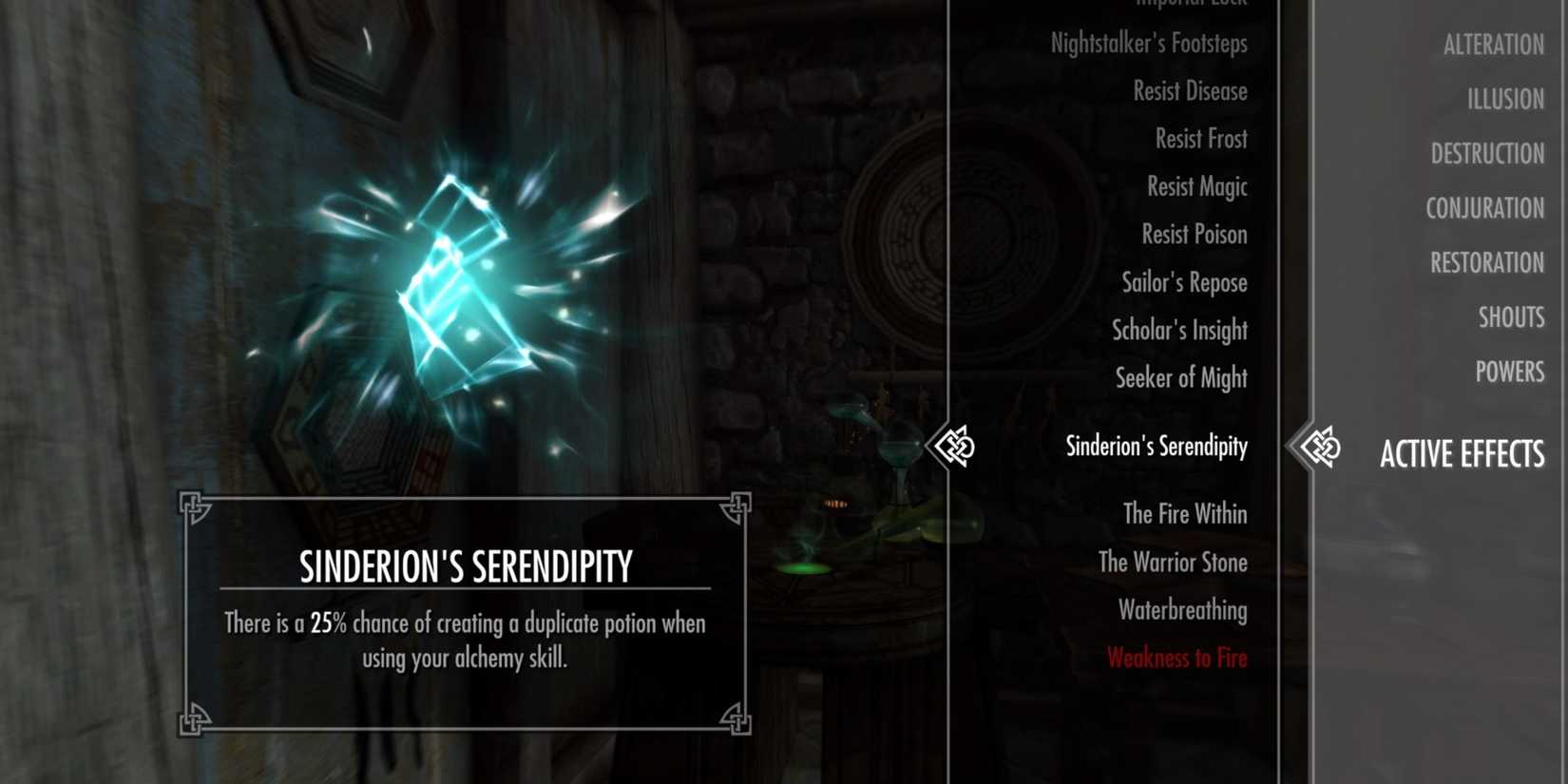 Sinderion's Serendipity active effects menu in Skyrim