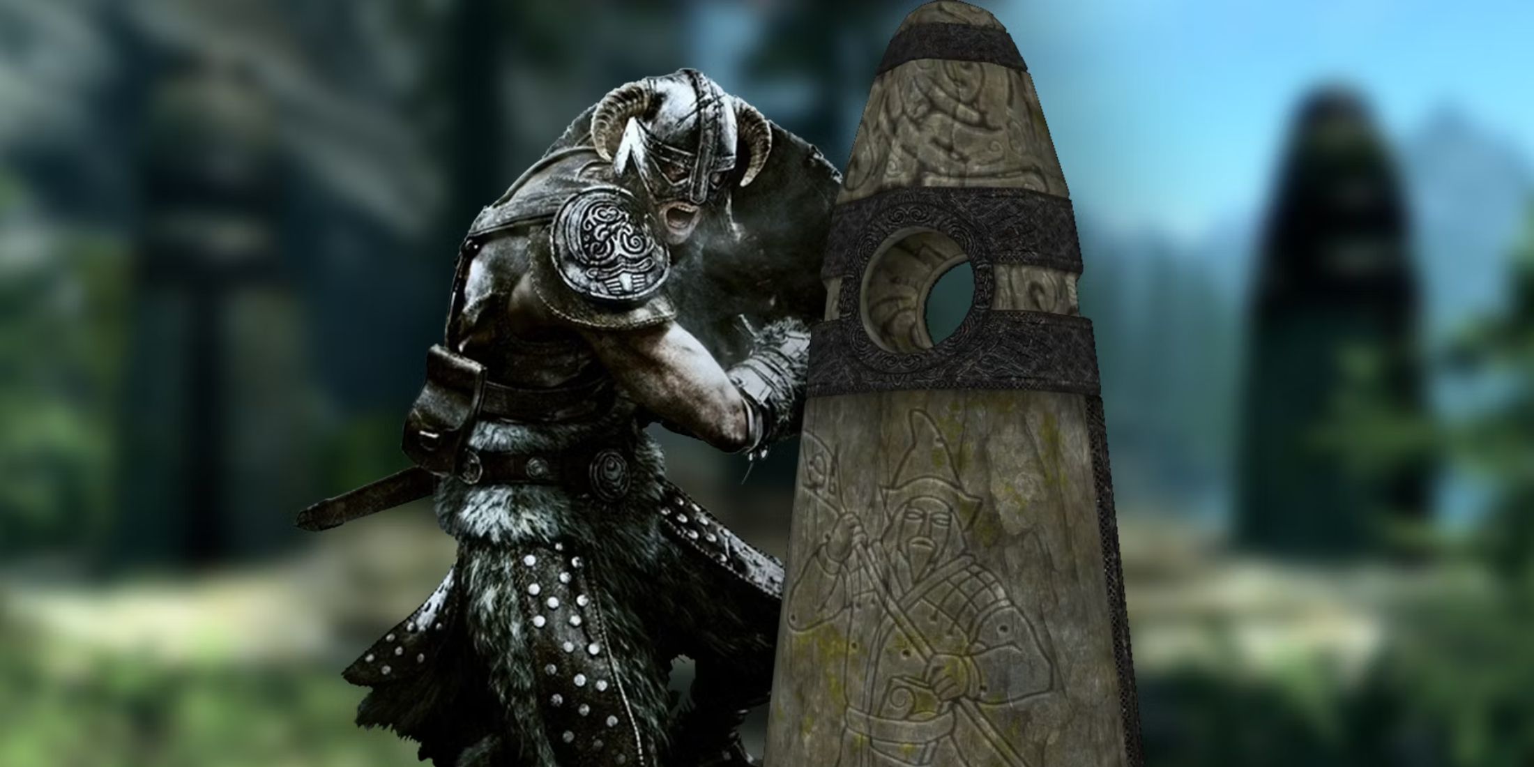 The Dragonborn standing next to a Standing Stone in Skyrim