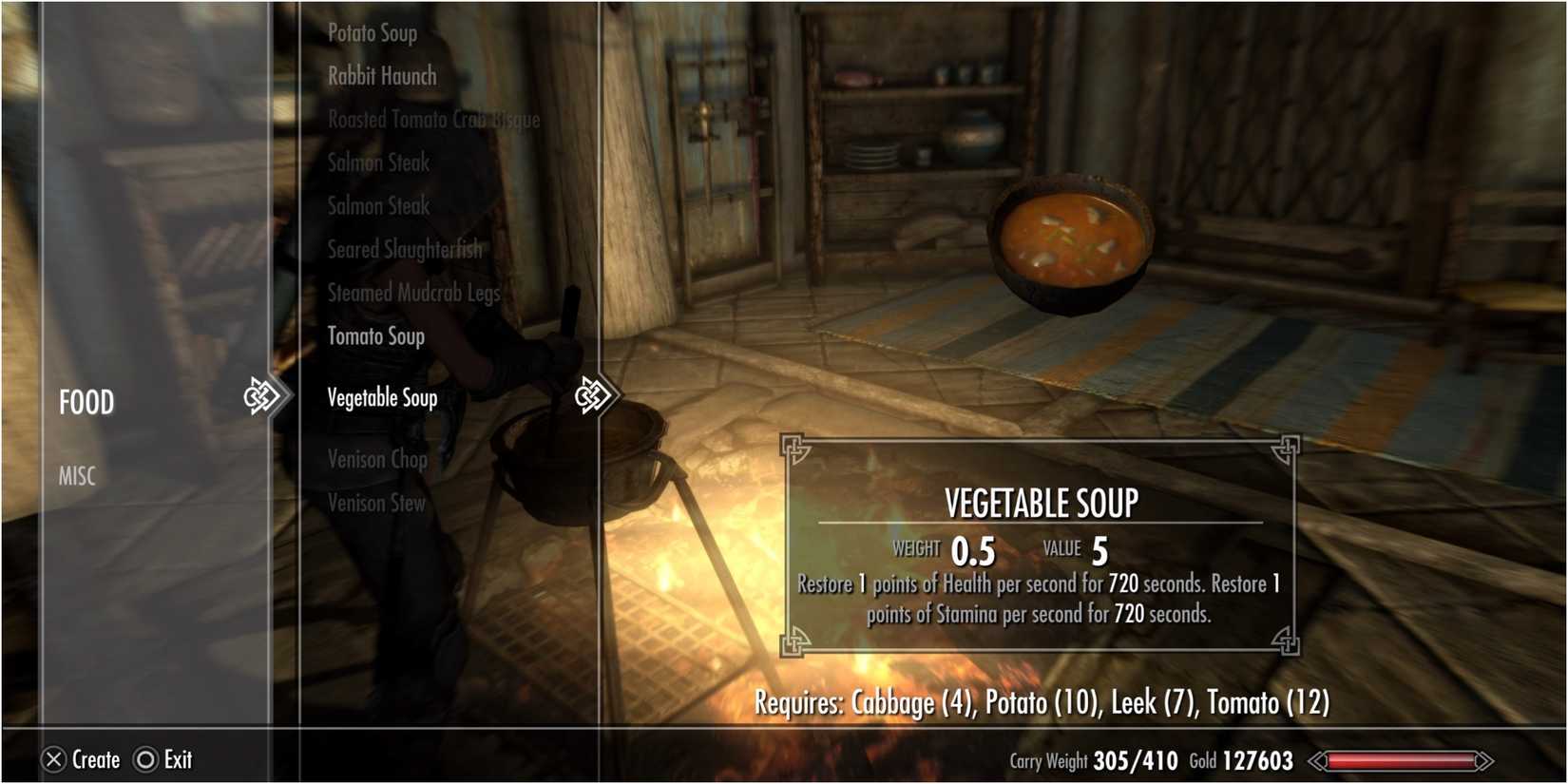 Skyrim Vegetable Soup crafting menu