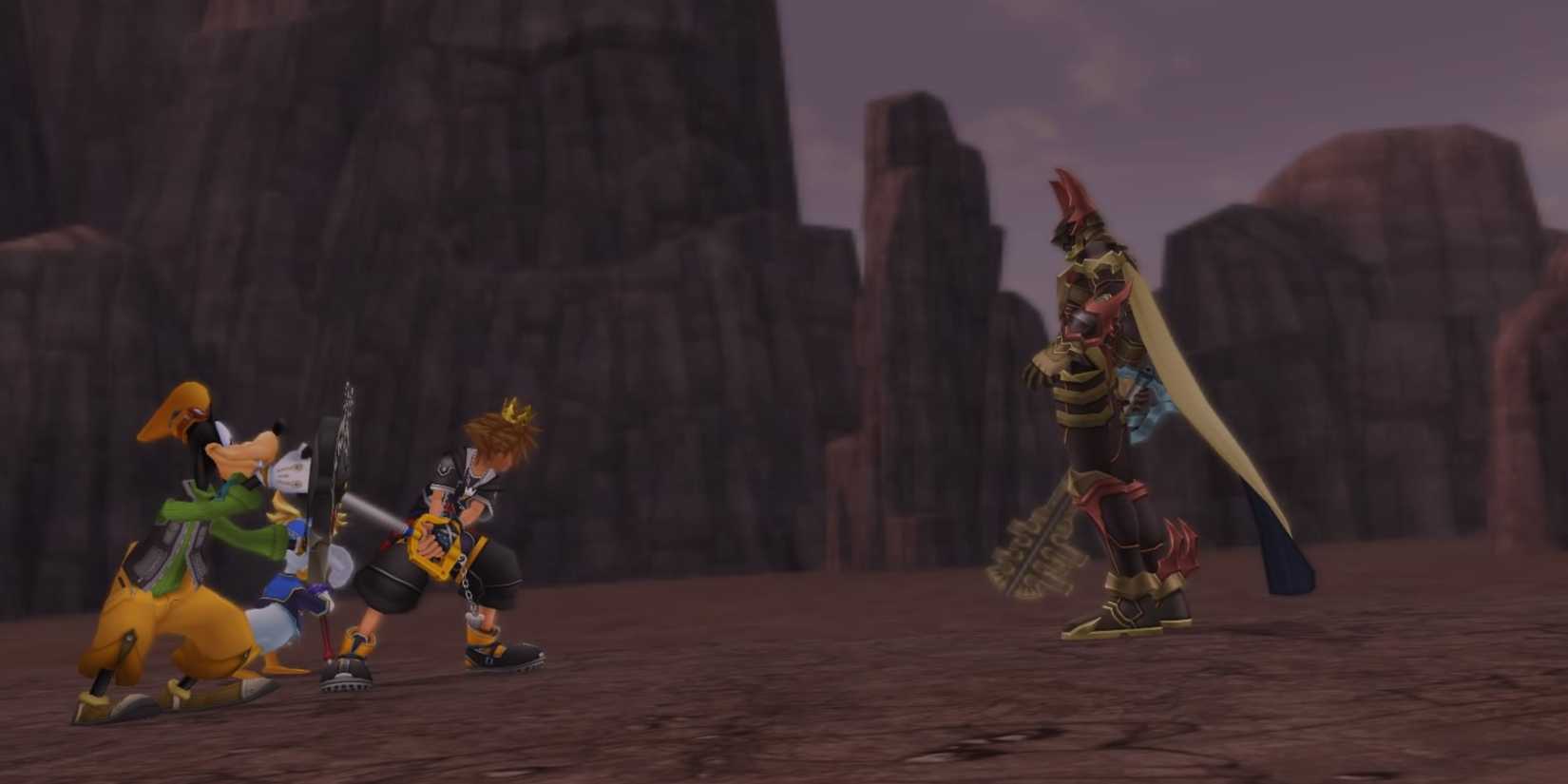Sora, Donald and Goofy face the Lingering Will in the Keyblade Graveyard.