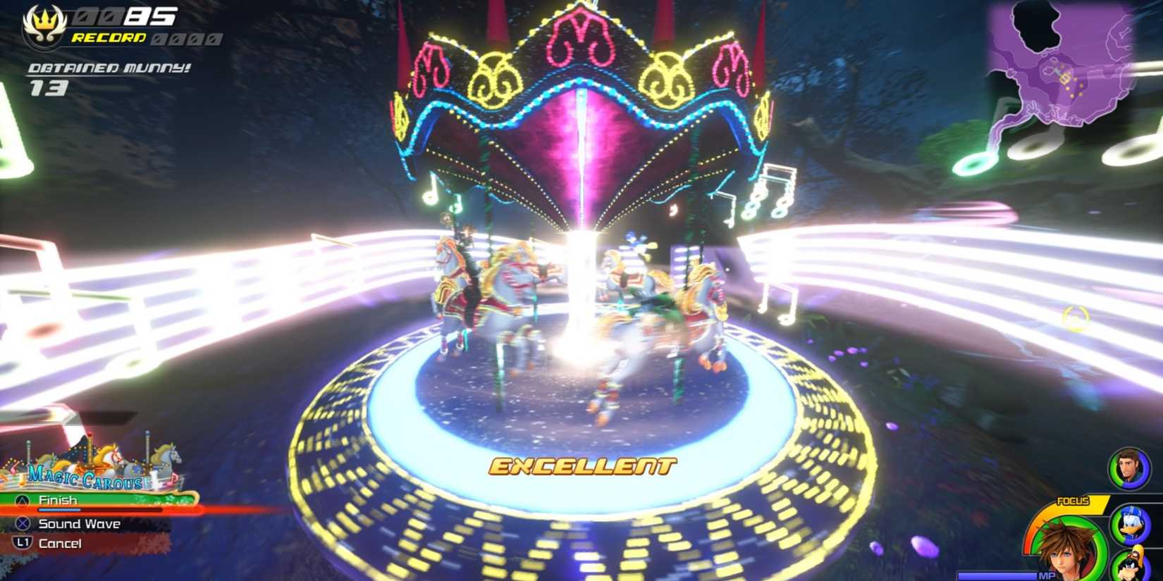 Sora, Donald and Goofy using the Magic Carousel Attraction Flow in Kingdom of Corona.