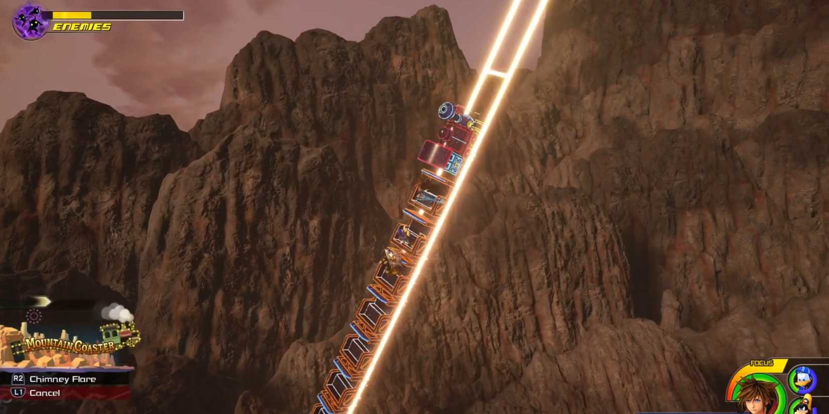 Sora, Donald and Goofy using the Mountain Coaster Attraction Flow in the Keyblade Graveyard.