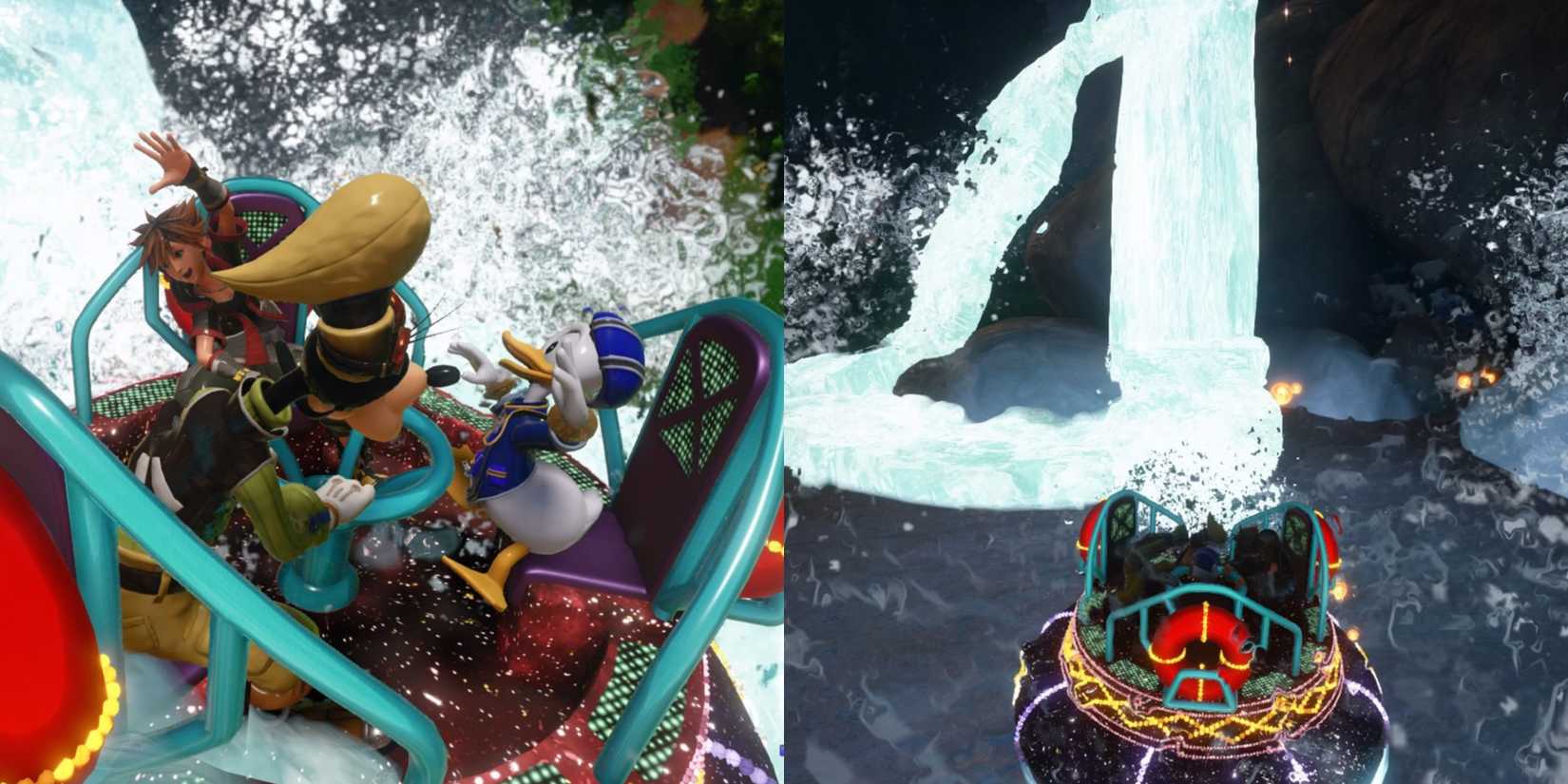 Sora, Donald and Goofy using the Splash Run Attraction Flow in Kingdom of Corona.