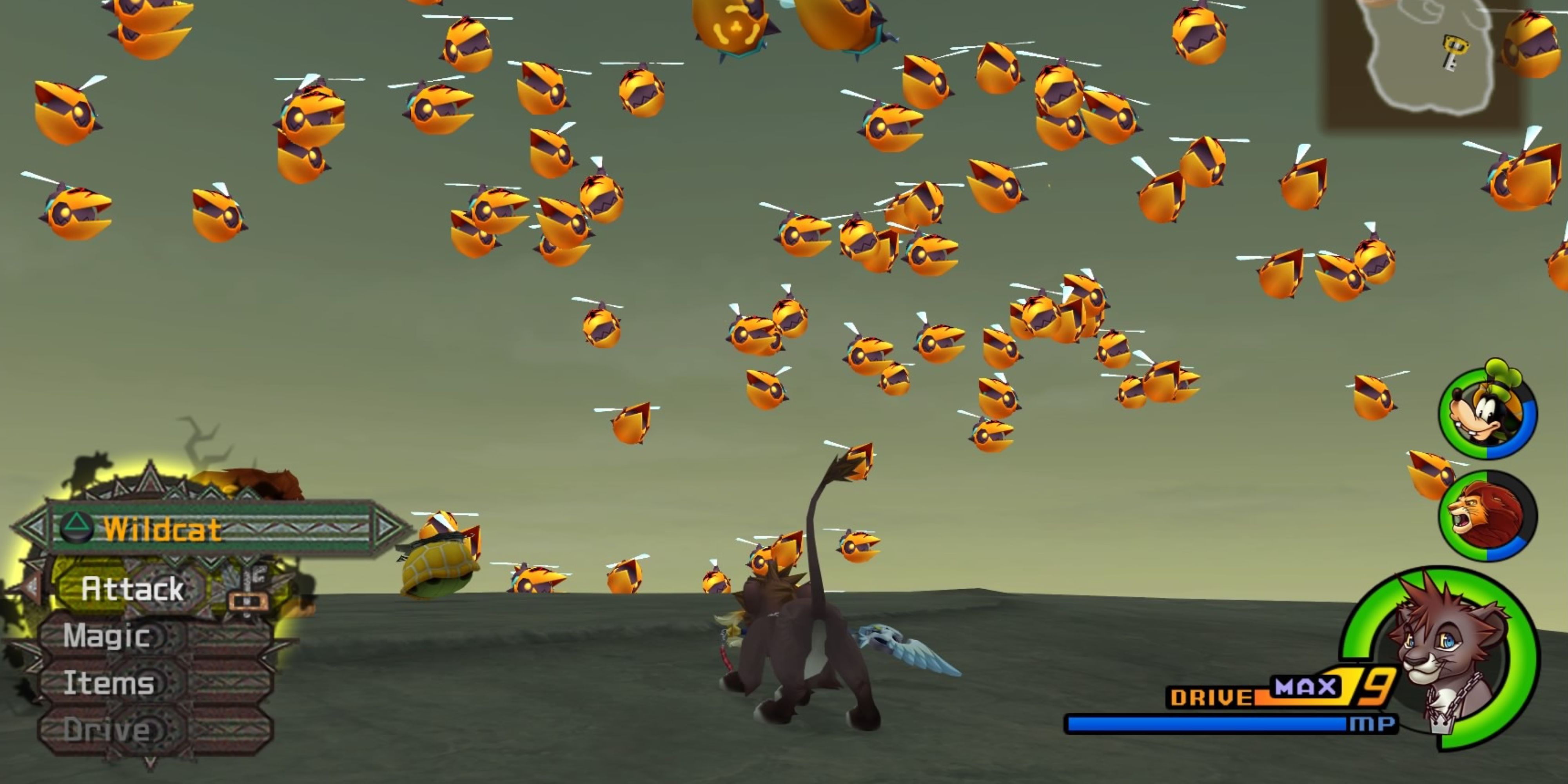 Sora fighting the swarm of Rapid Thrusters in Pride Lands
