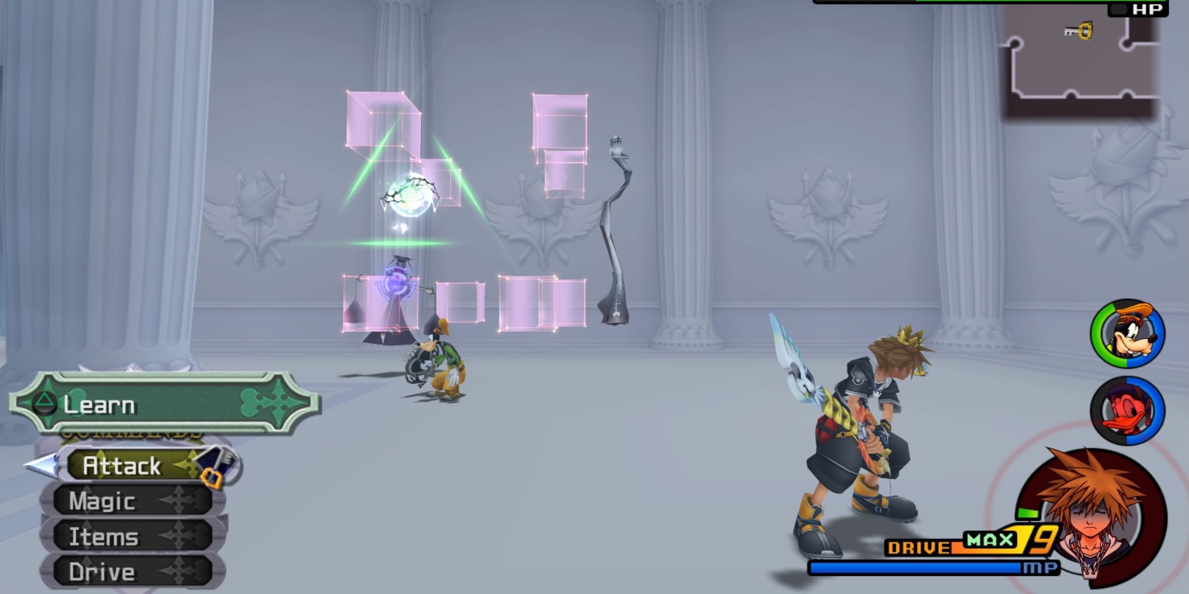 Sora uses EXP Boost to fight a bunch of Nobodies inside the Cavern of Remembrance.