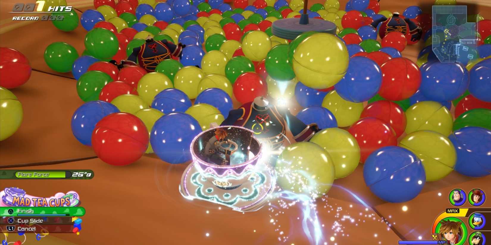 Sora using the Mad Tea Cups Attraction Flow in Toy Box.