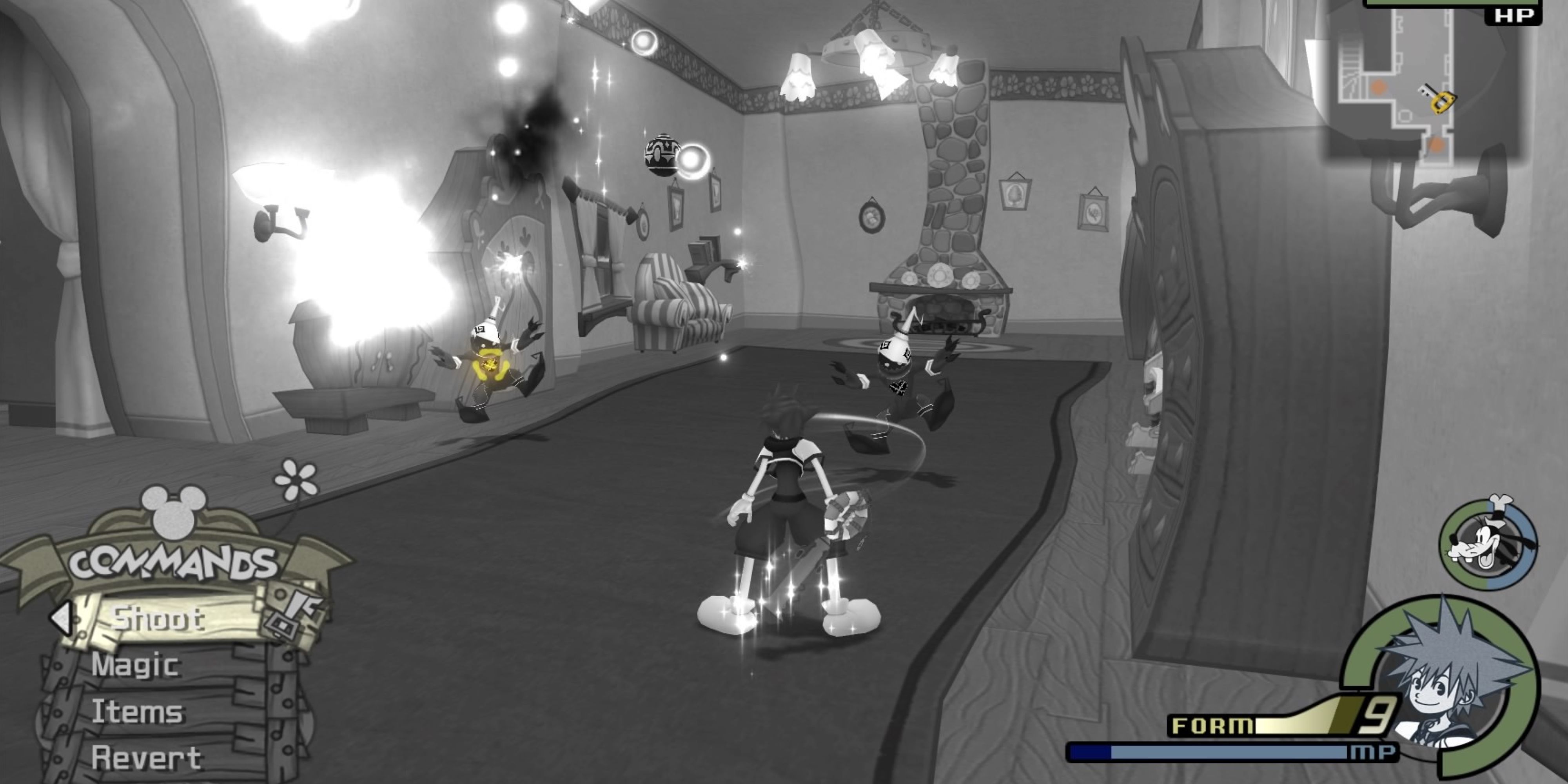 Sora using Wisdom Form to defeat a bunch of Heartless in Mickey's House.