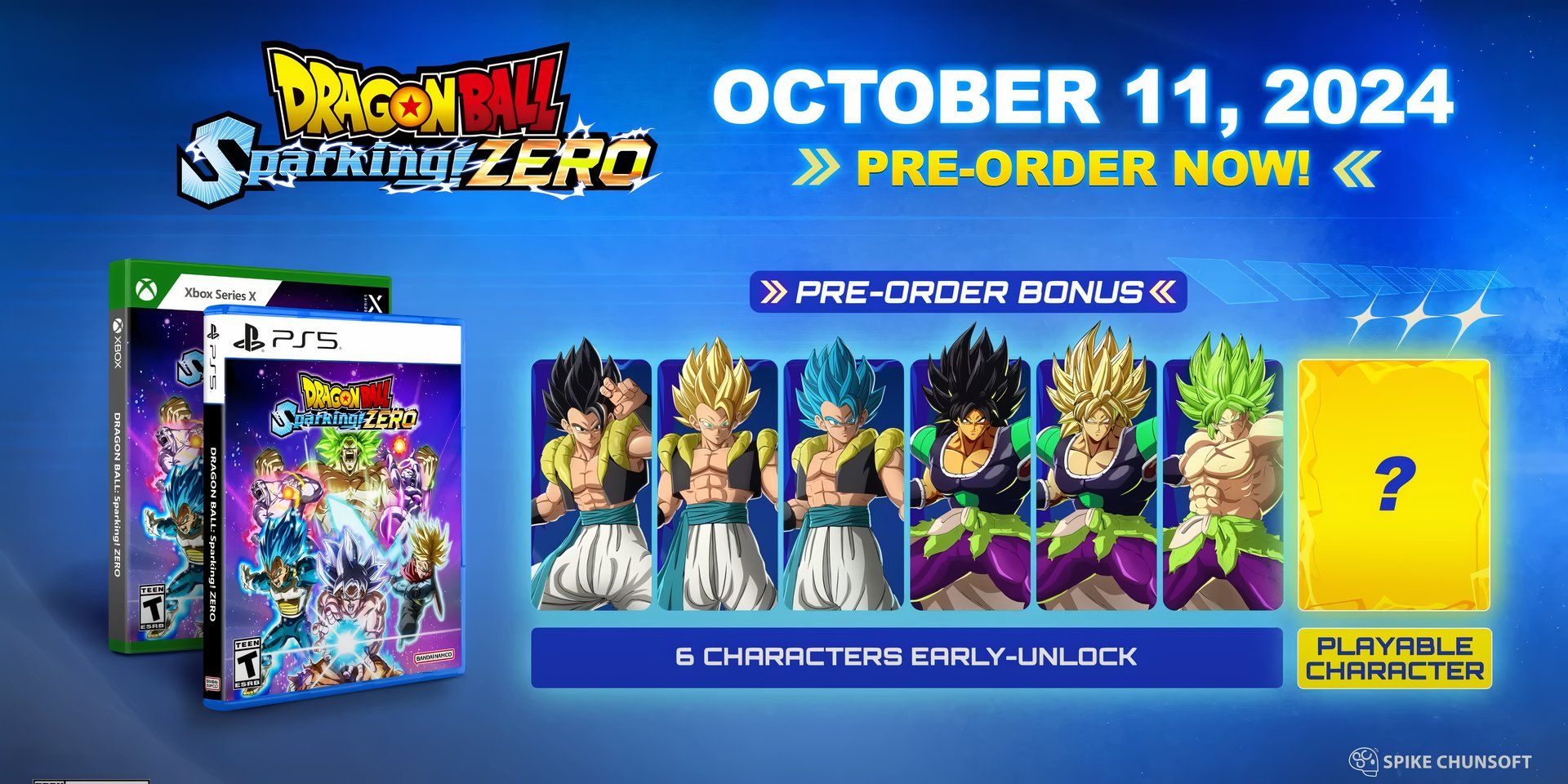 A screenshot of the Sparking Zero trailer showing the Pre-Order Bonus early character unlocks