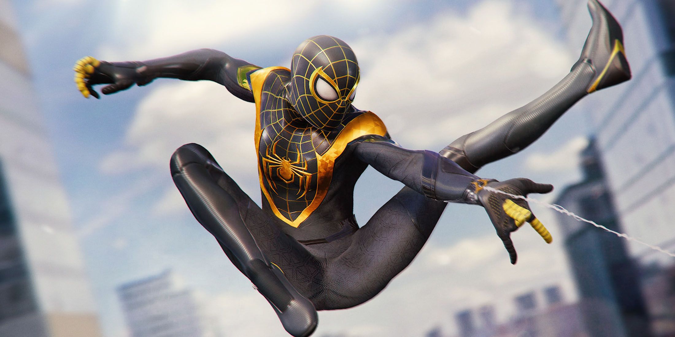 A screenshot of Miles Morales in his black and gold Uptown Pride Suit in Marvel's Spider-Man 2.