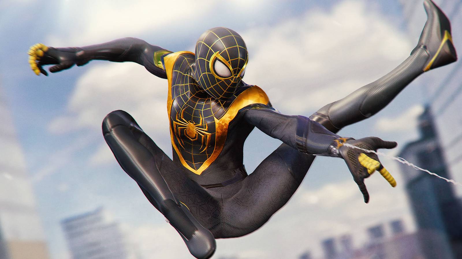 A screenshot of Miles Morales in his black and gold Uptown Pride Suit in Marvel's Spider-Man 2.
