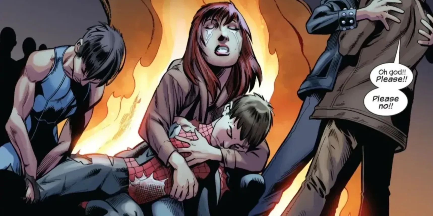 Mary Jane holding Peter Parker in her arms