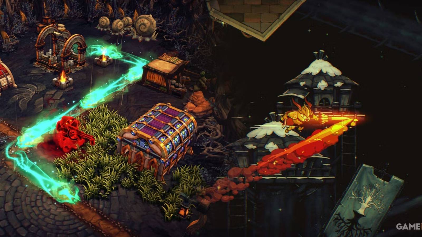 Split image showing Roguelite Games Against The Storm, Rogue Legacy 2