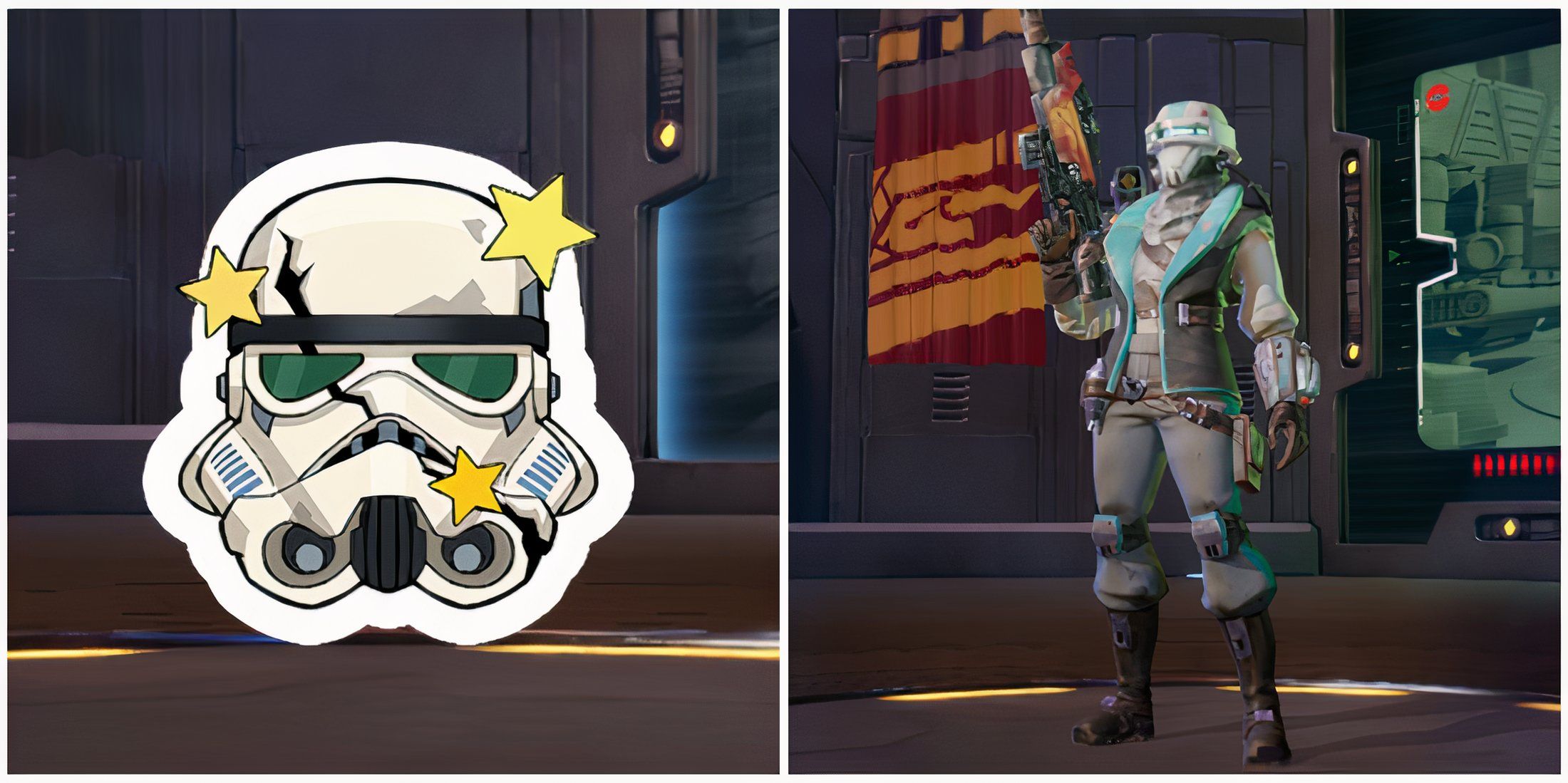 Split image of a sticker and a new costume in Star Wars Hunters