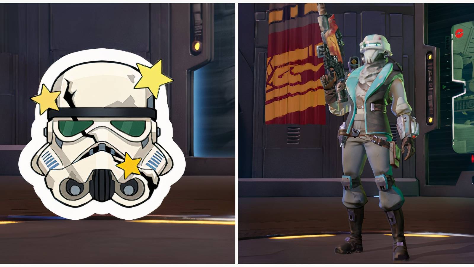 Split image of a sticker and a new costume in Star Wars Hunters