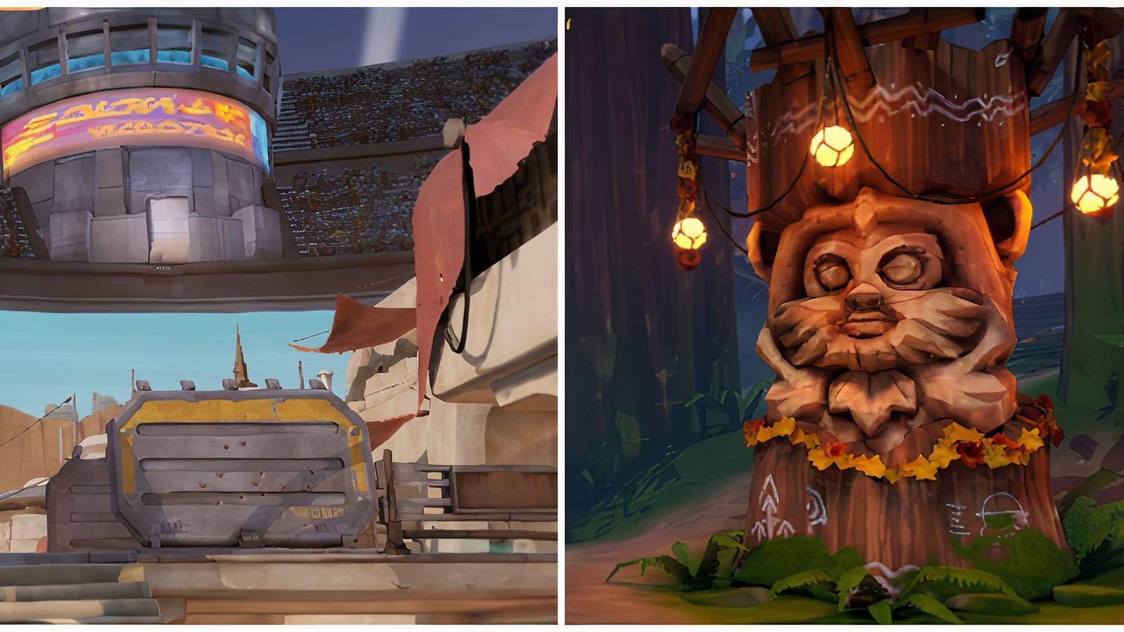 Split image of the Mos Espa Podrace map and the Ewok Village map in Star Wars Hunters