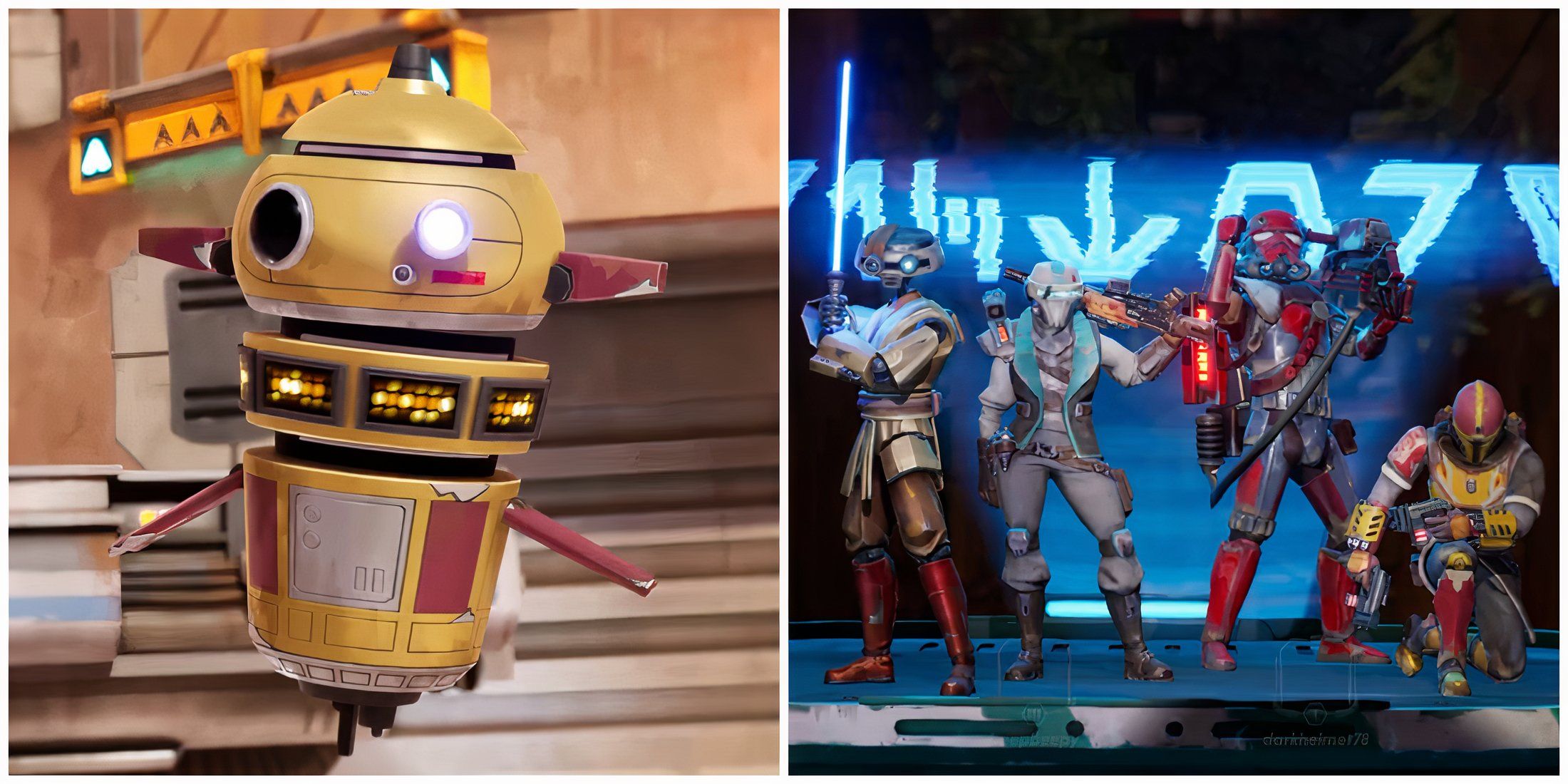 Split image of the trophy in Trophy Chase and a team after winning in Star Wars Hunters
