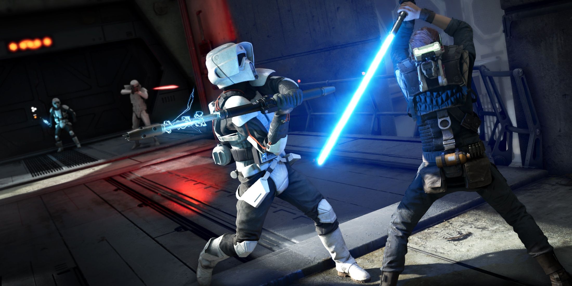 Cal Kestis fighting a Stormtrooper in Star Wars Jedi: Fallen Order.