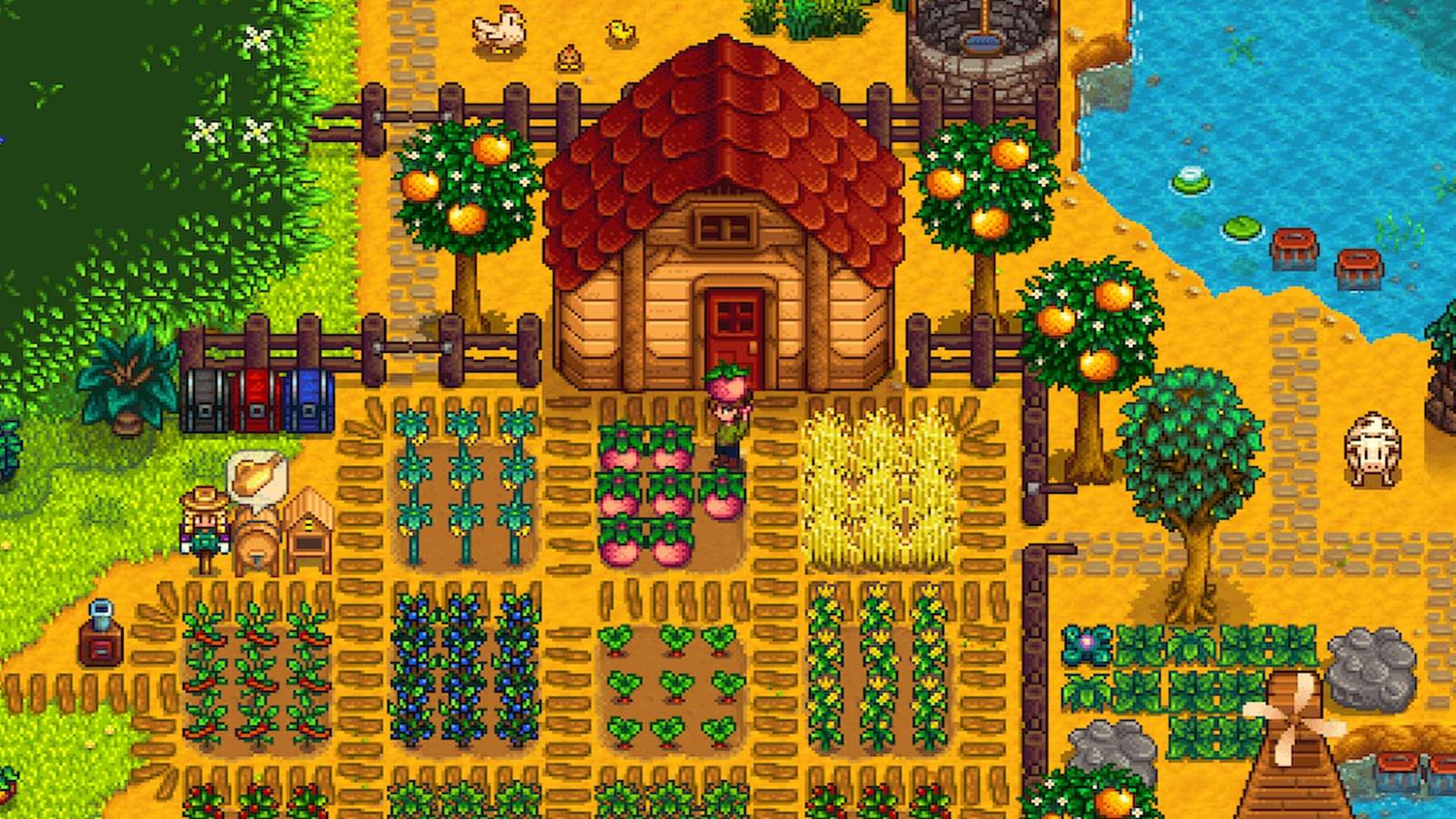 A farm in Stardew Valley
