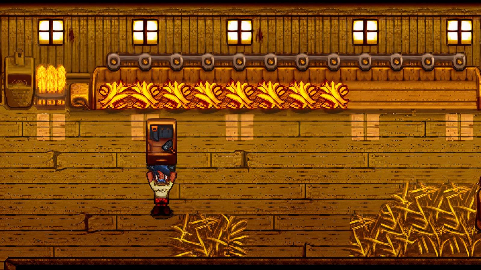 A character holding a workbench in Stardew Valley.