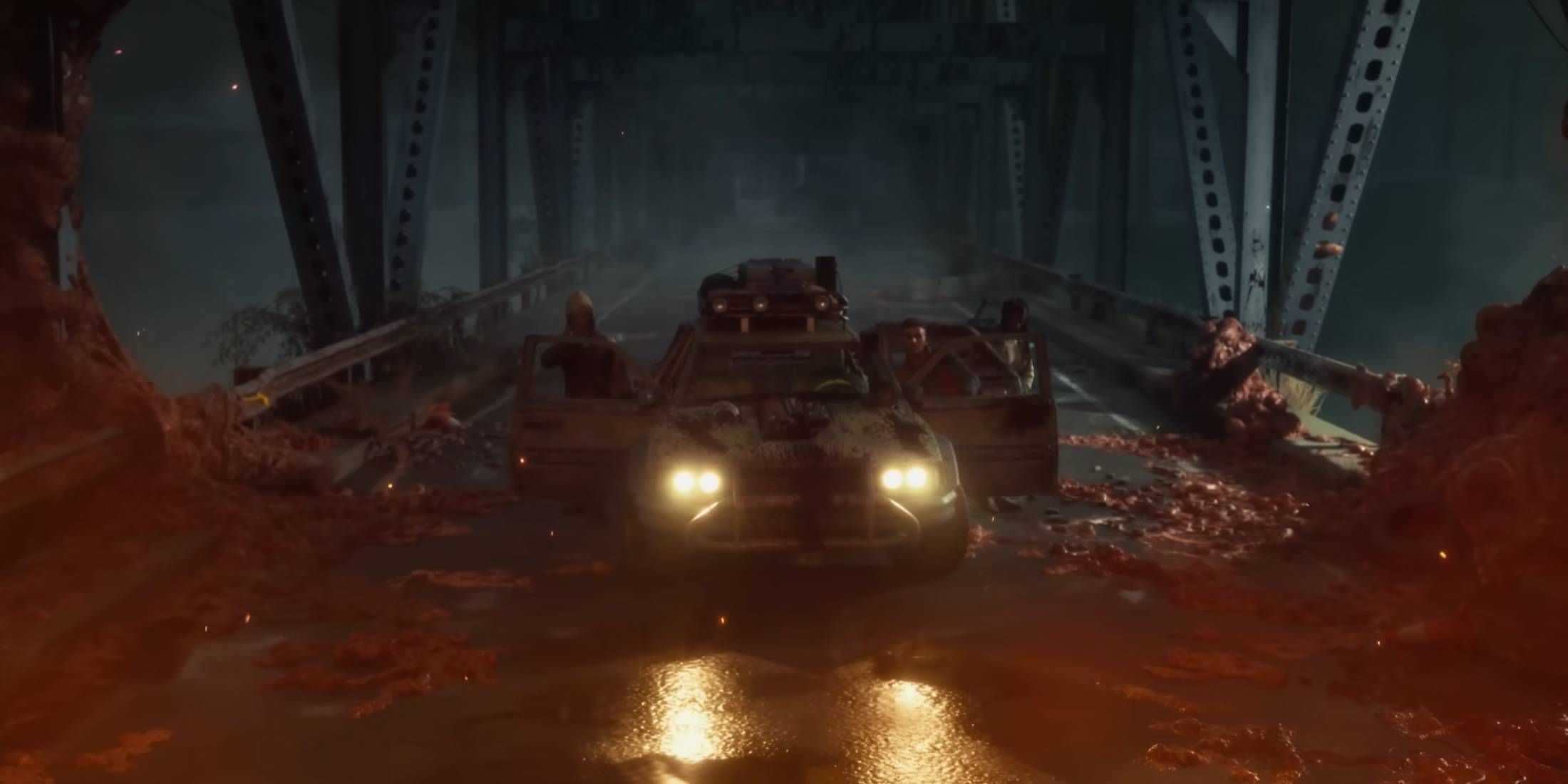 The survivors' car stopped on a bridge in State of Decay 3's trailer