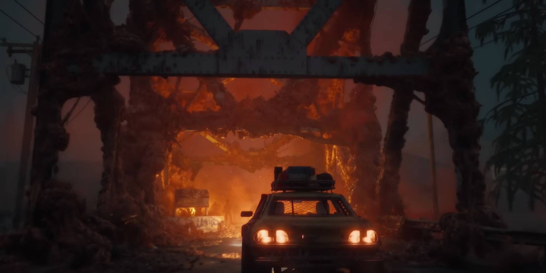 The survivors' car approaching a bridge in the State of Decay 3 trailer