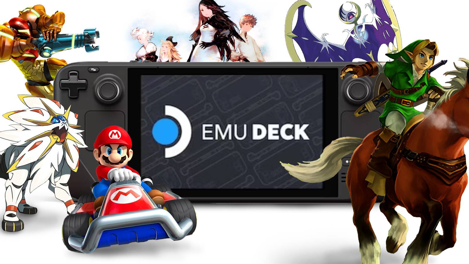A steam deck surrouned by Nintendo characters