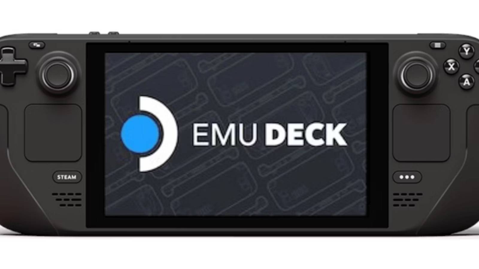 Steam Deck with an EmuDeck logo on the screen