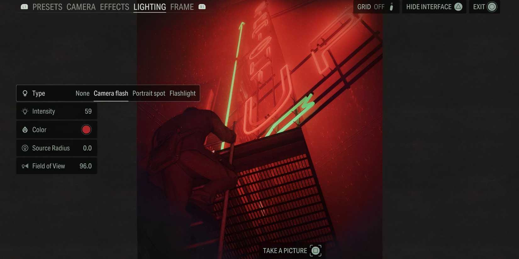 Alan Wake 2 Photo Mode Options and Interface