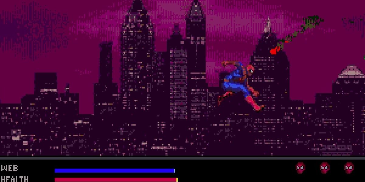 spider-man jumping across the city in web of fire