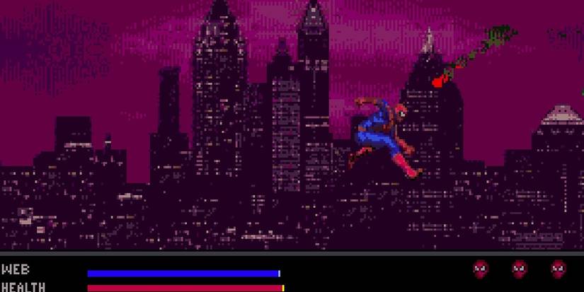 spider-man jumping across the city in web of fire