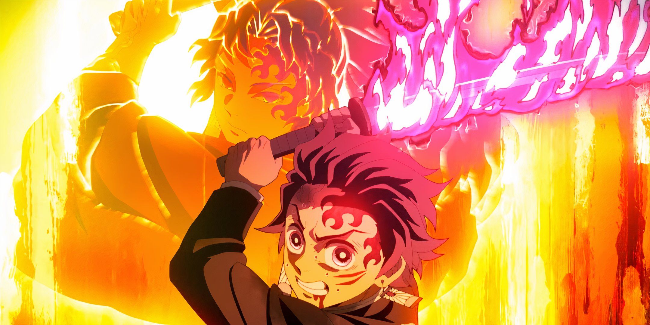 Tanjiro wields a flaming sword in Demon Slayer.