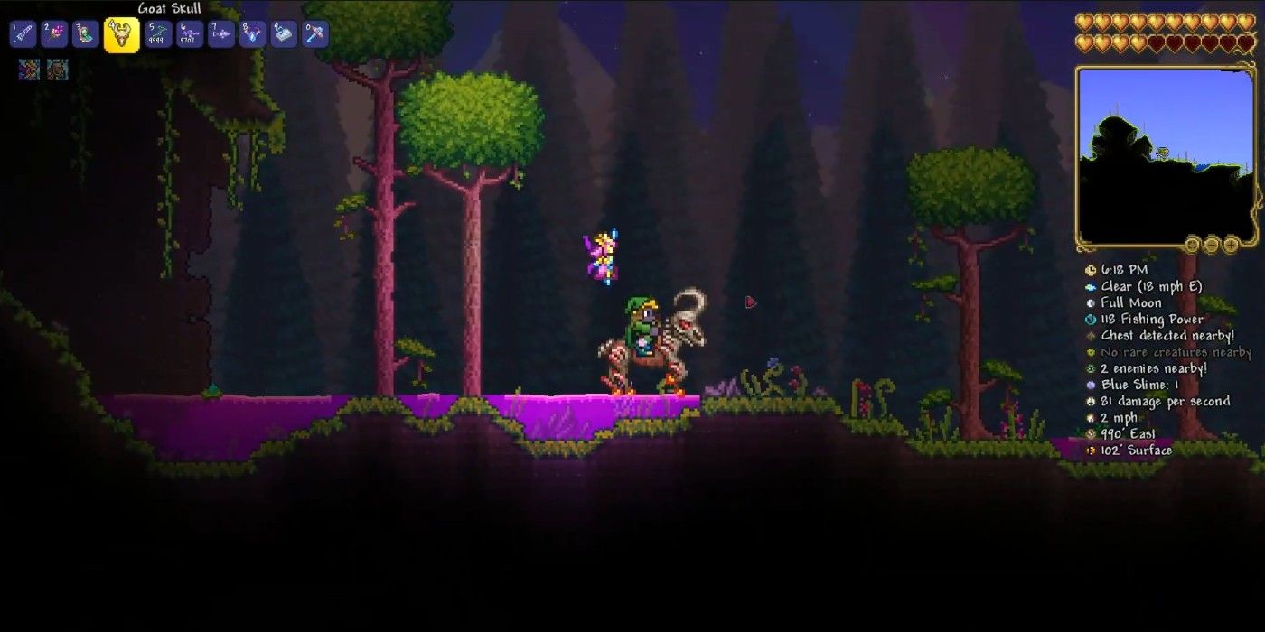 Terraria player walking through purple liquid at night on Goat