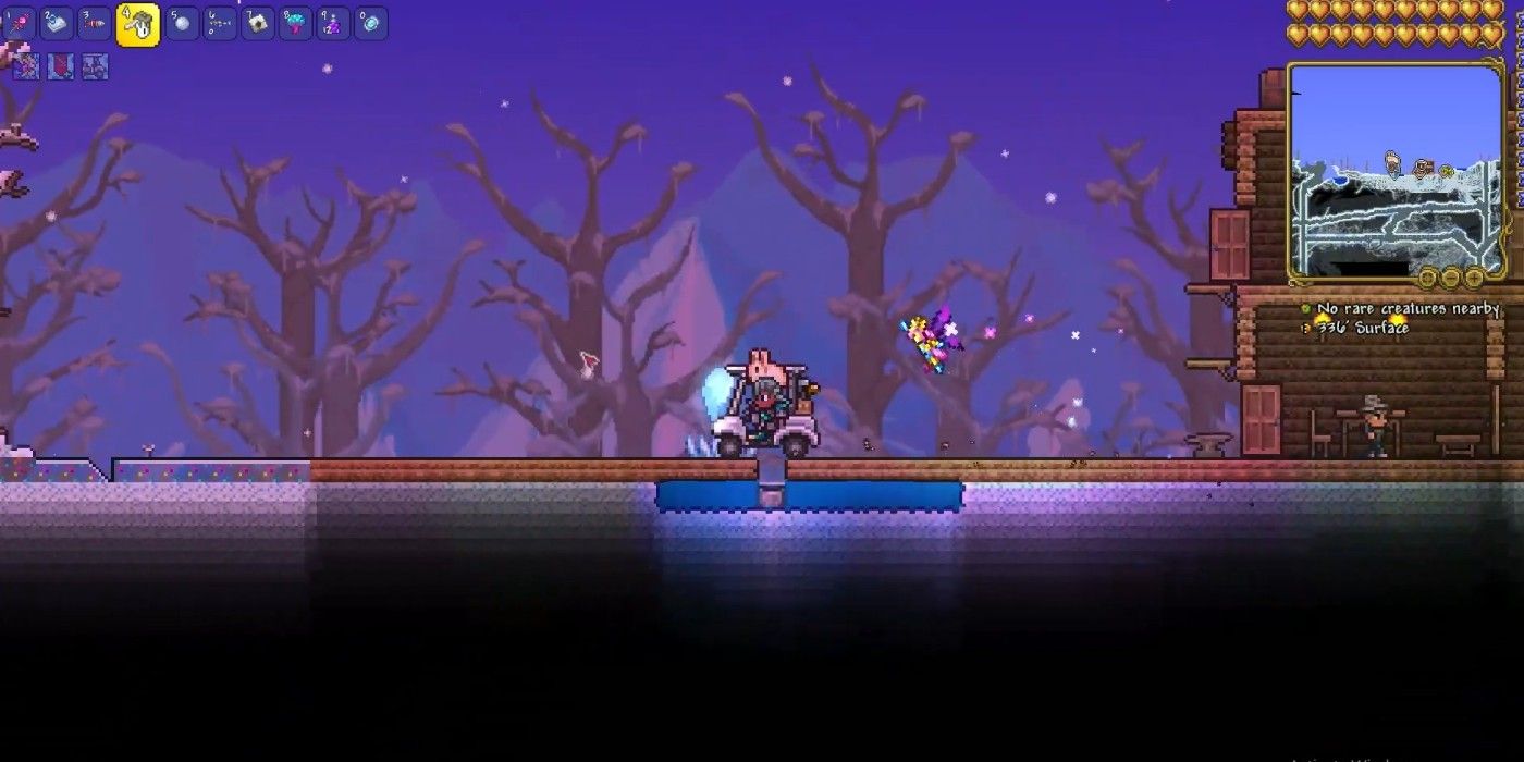 Player riding across gap in bridge with watter with Terraria Golf Cart