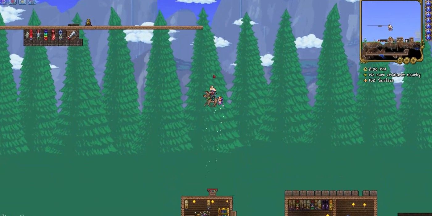 Terraria player flying upwards with Rudolph