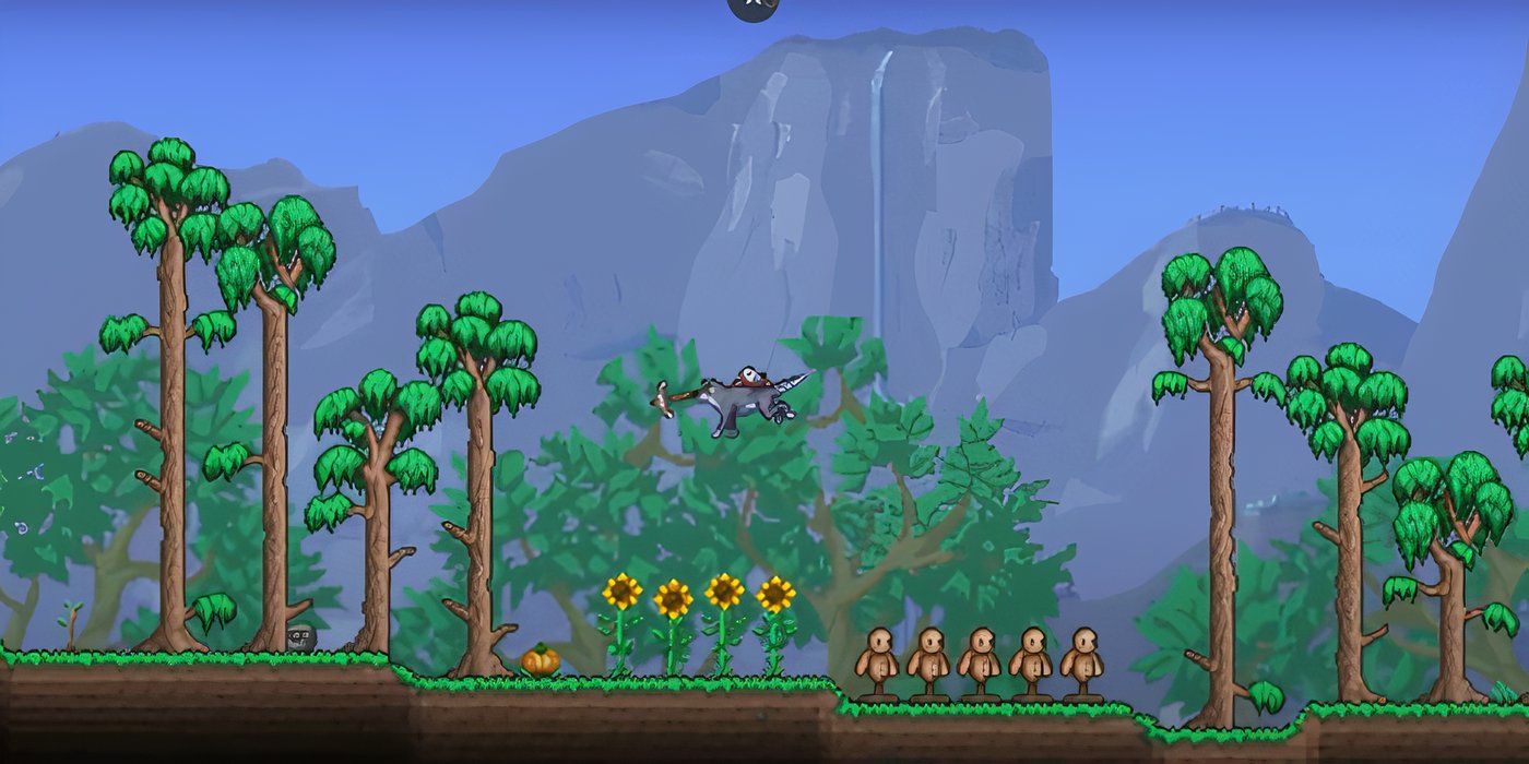 Terraria Wolf Lilith's Necklace player leaping outside with axe
