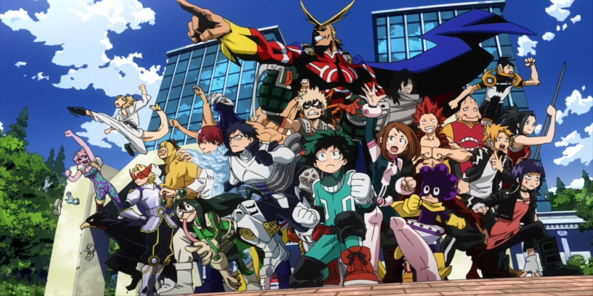 The entirety of Class 1-A posing in their hero costumes alongside All Might and Aizawa in My Hero Academia