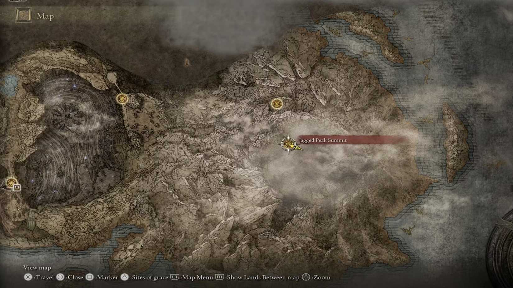 The Jagged Peak Summit Site Of Grace On The Map in Elden Ring Shadow of the Erdtree