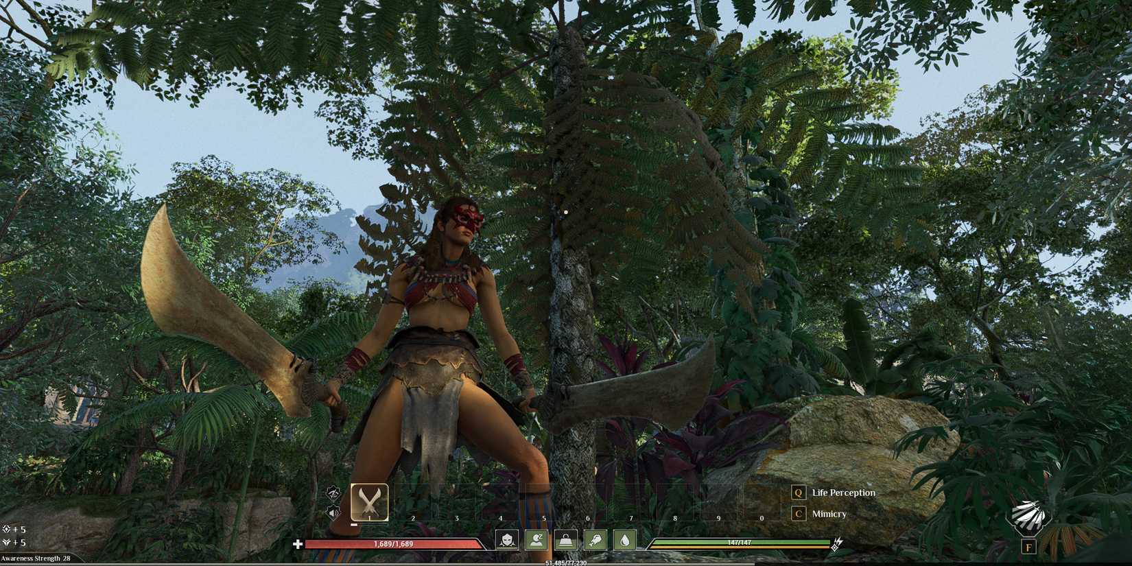 The player holding a double blade Soulmask Weapons
