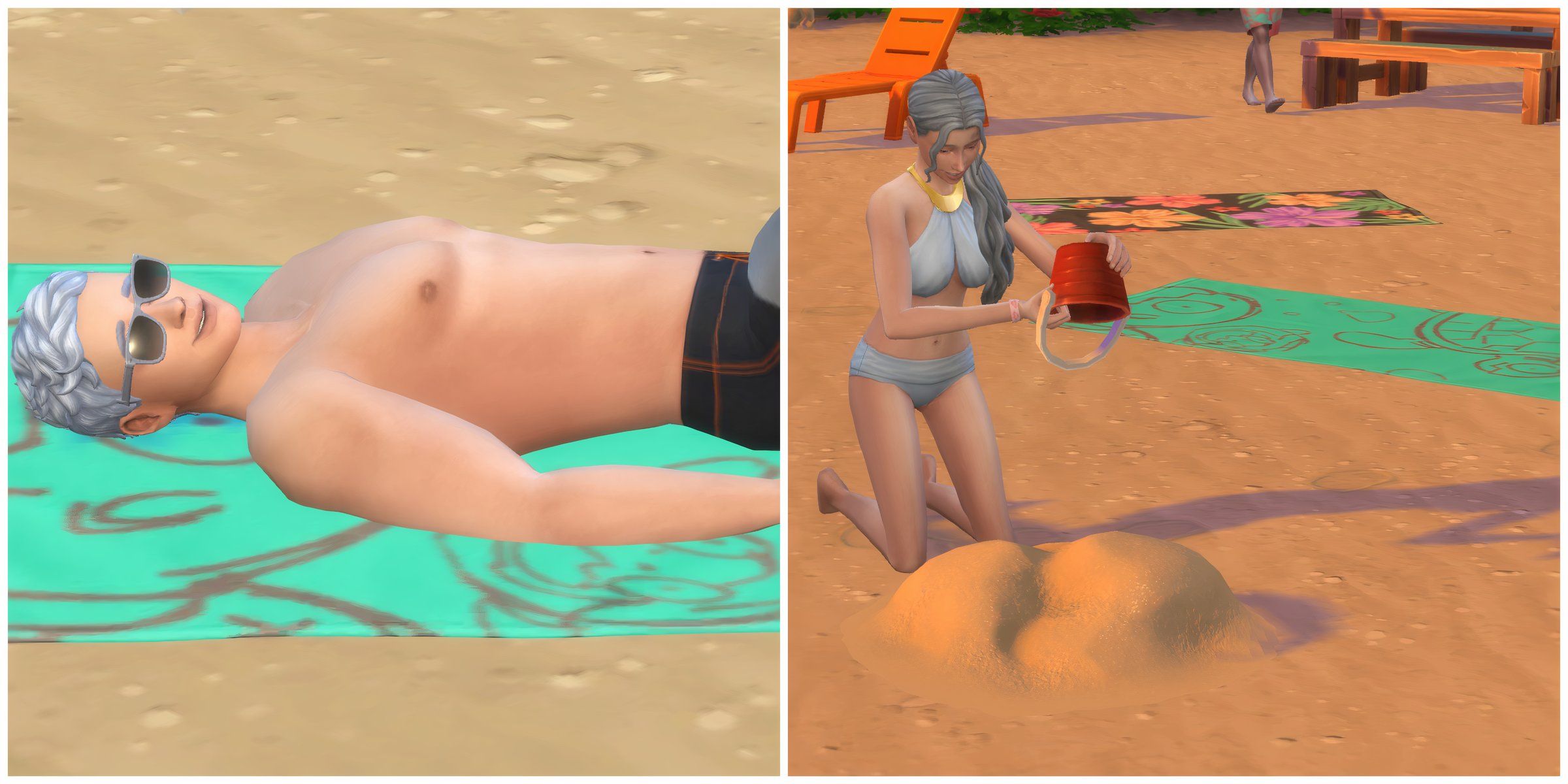 Two Sims doing beach activities for the custom Beach Day Event