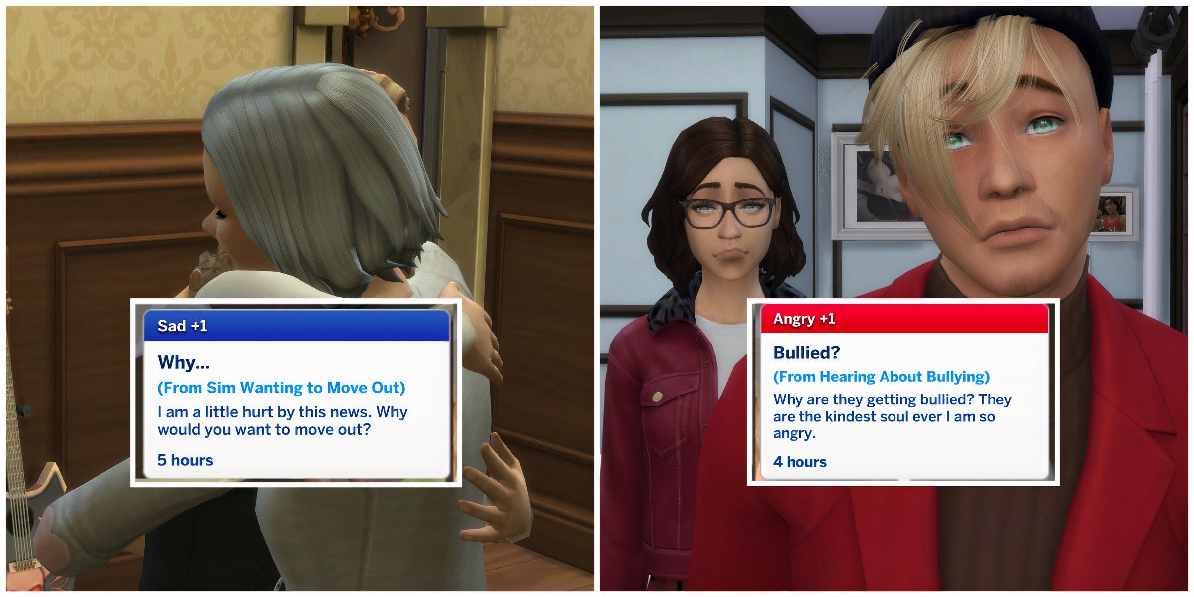 Moodlets from the 100 Social Interactions mod and sad Sims
