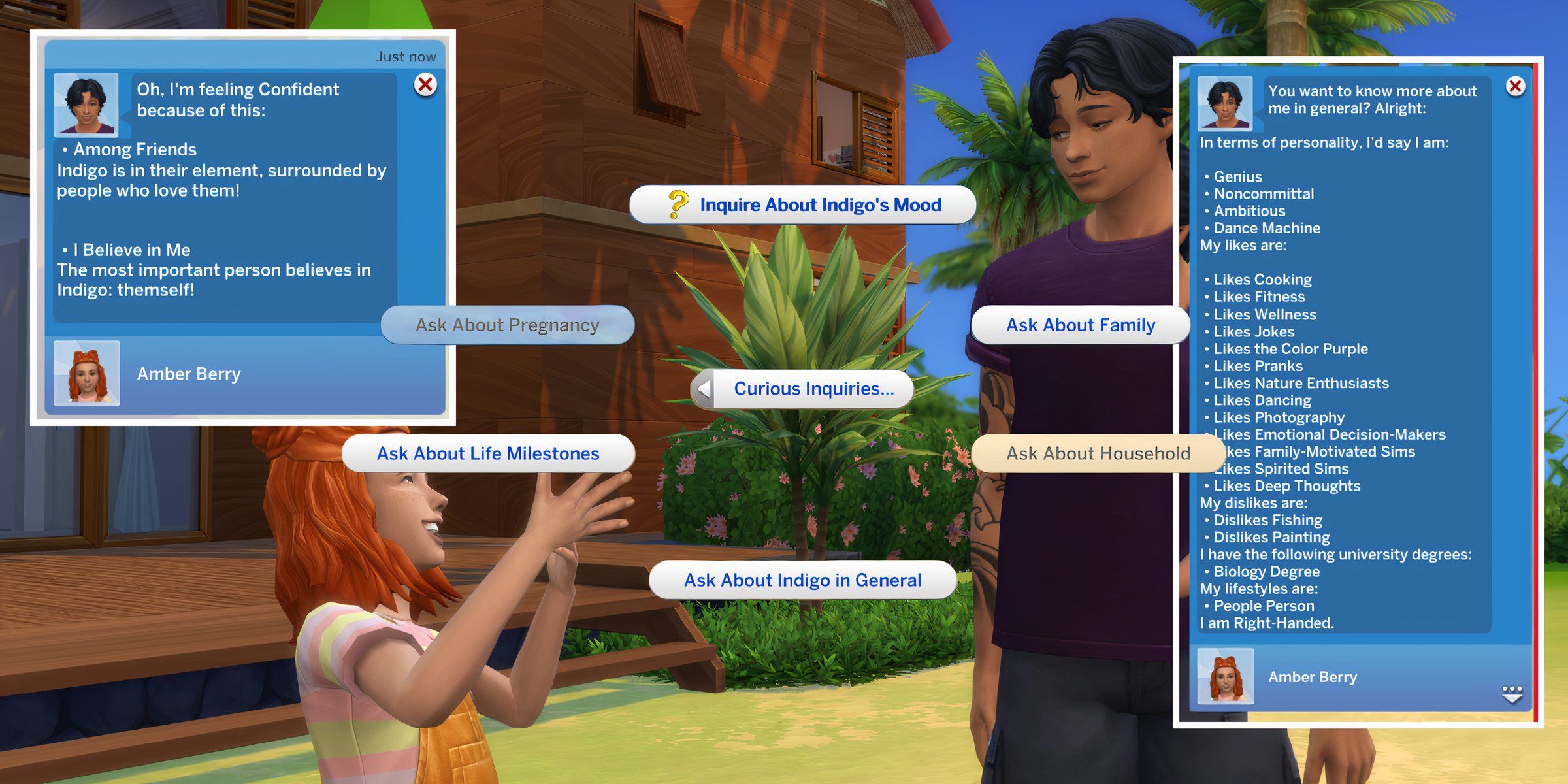 Pie menu from the Curious Inquiries mod that adds new ways for Sims to get to know each other