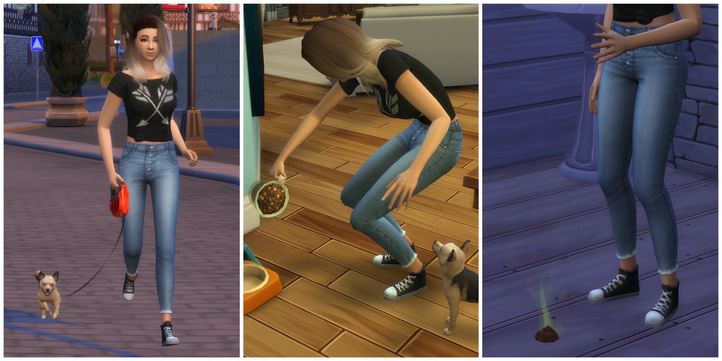 A Sim walking, feeding, and cleaning up after a dog with the Custom Career - Pet Sitter mod