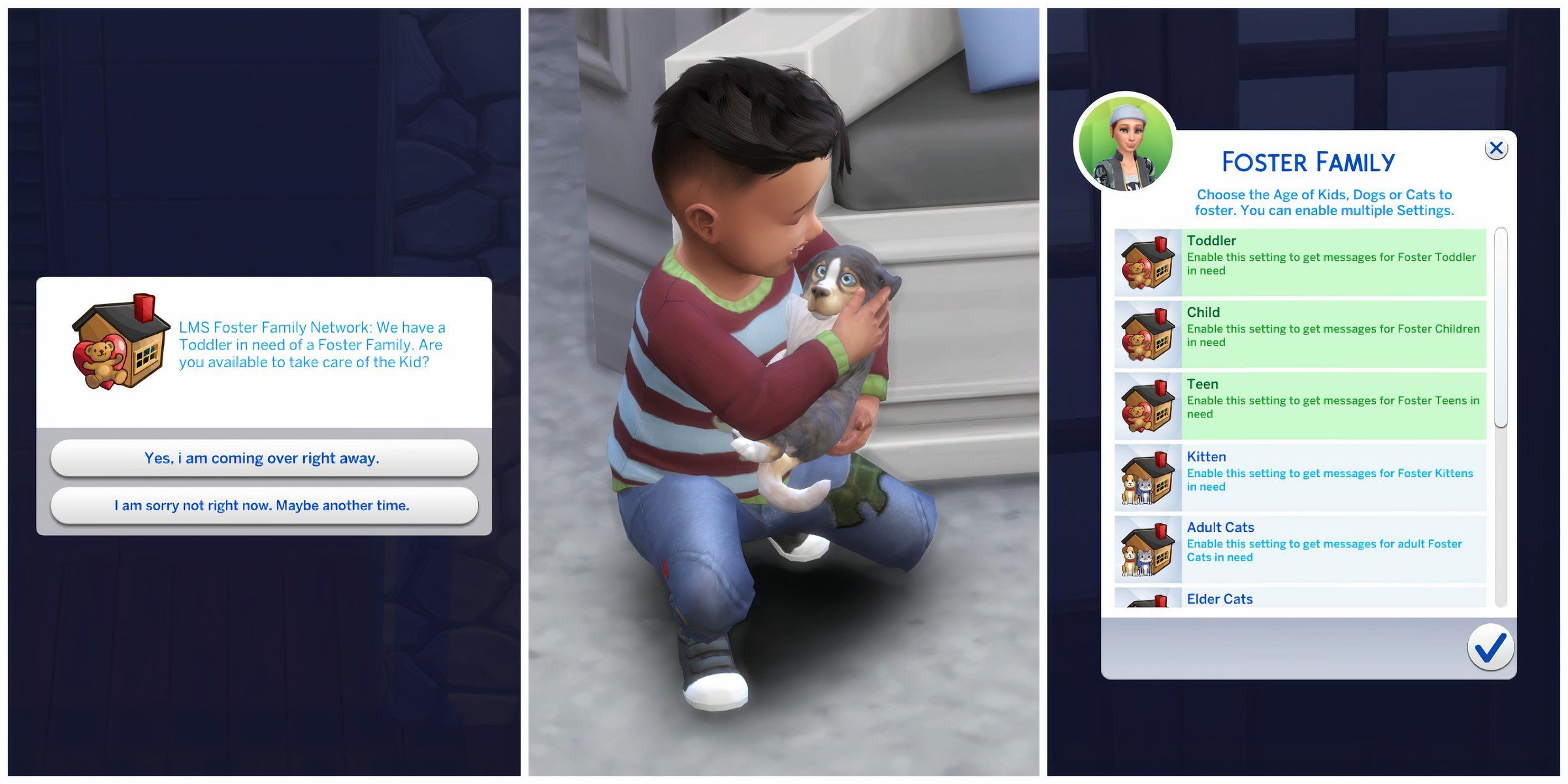 Notifications and menus found in the Foster Family mod and a Sim holding a puppy
