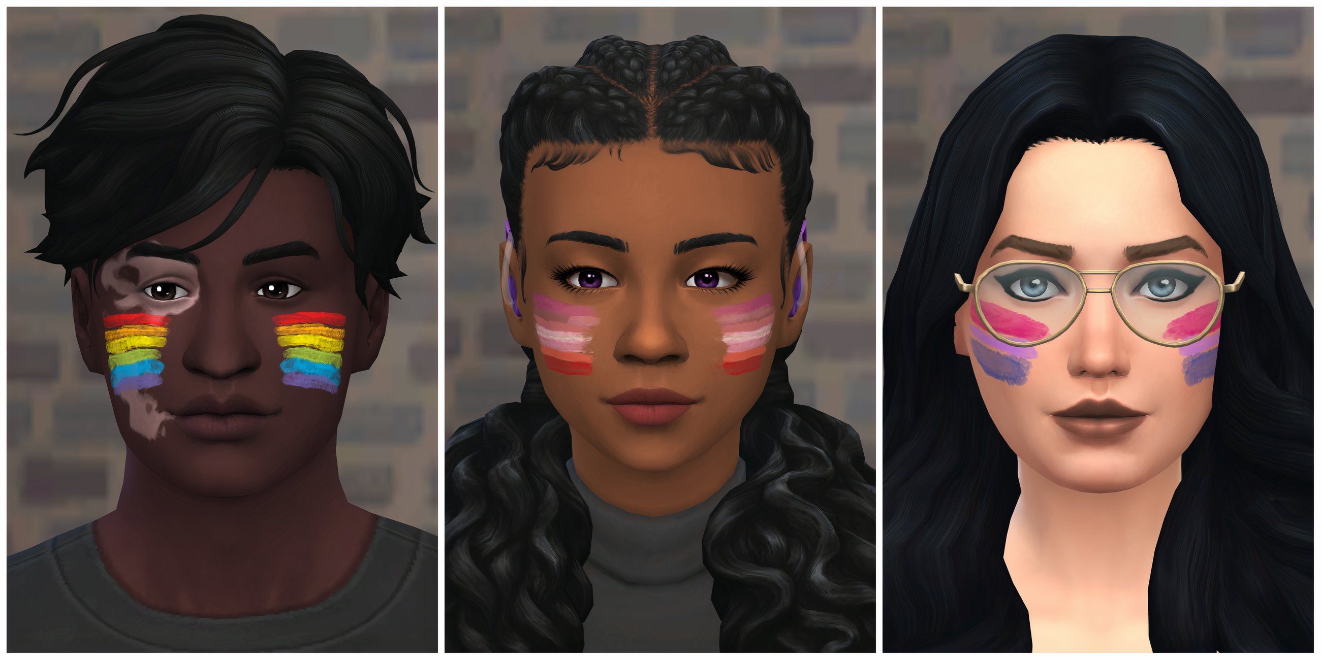 Sims with custom makeup from the Pride Flag Facepaint mod
