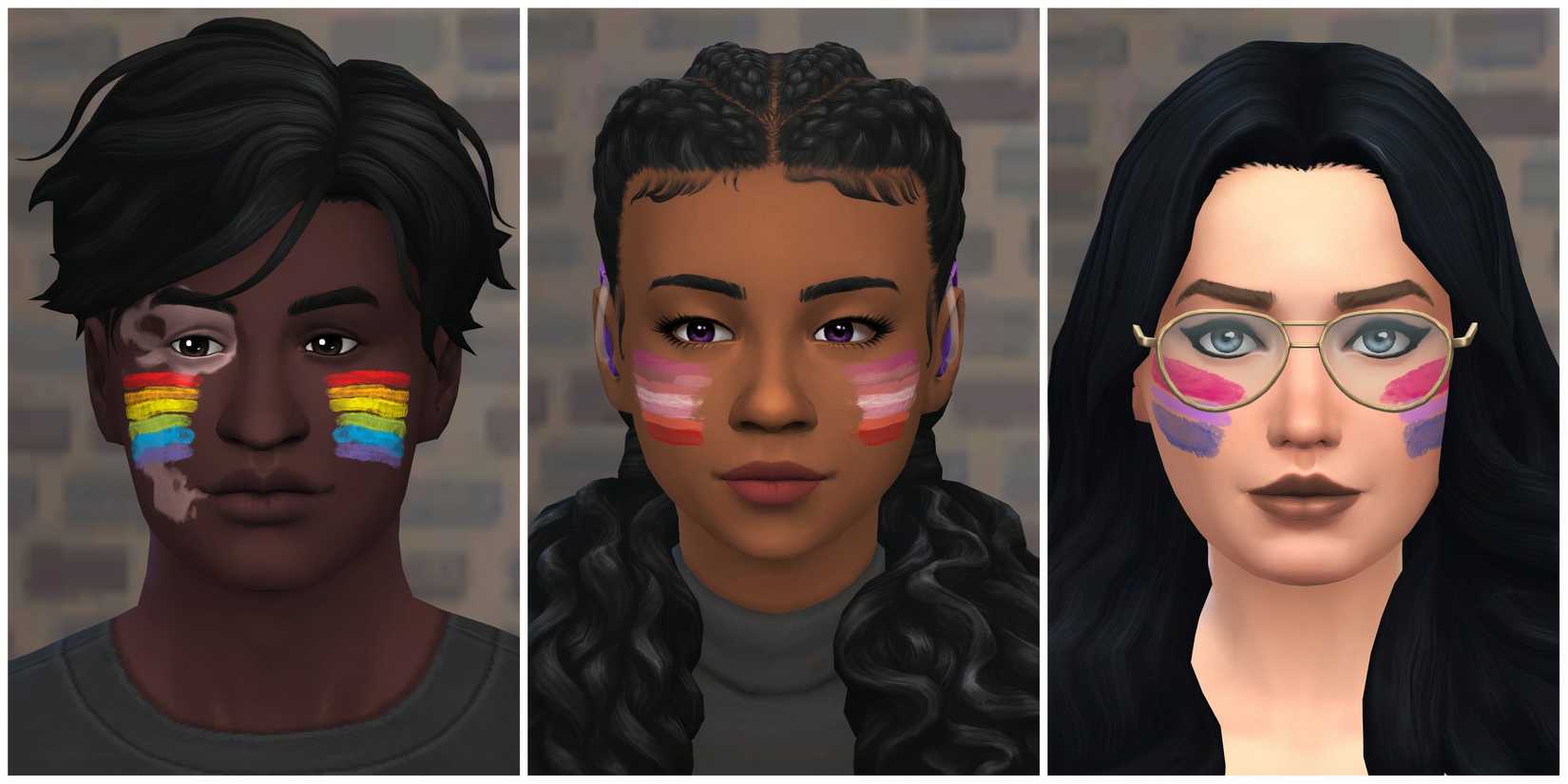 Sims with custom makeup from the Pride Flag Facepaint mod