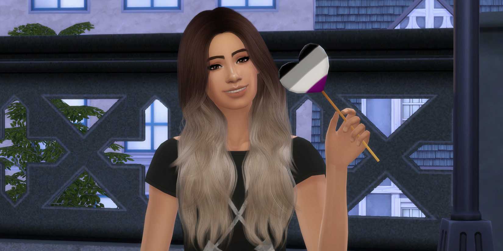 A Sim posing from the Pride Heart Posepack mod