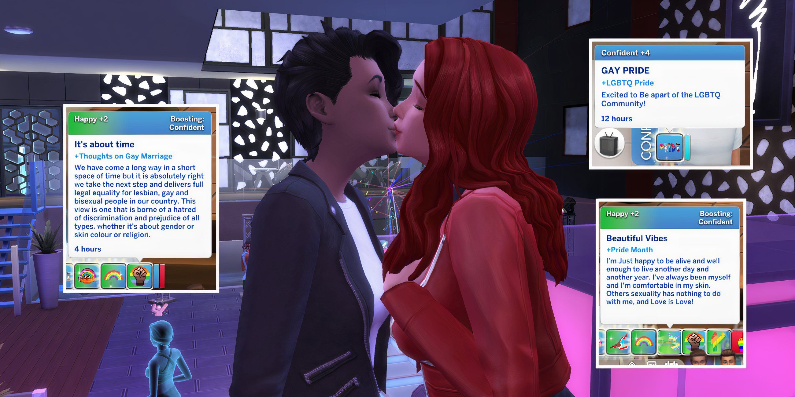 Sims at a pride event and a variety of new moodlets from the Pride Mini Mod