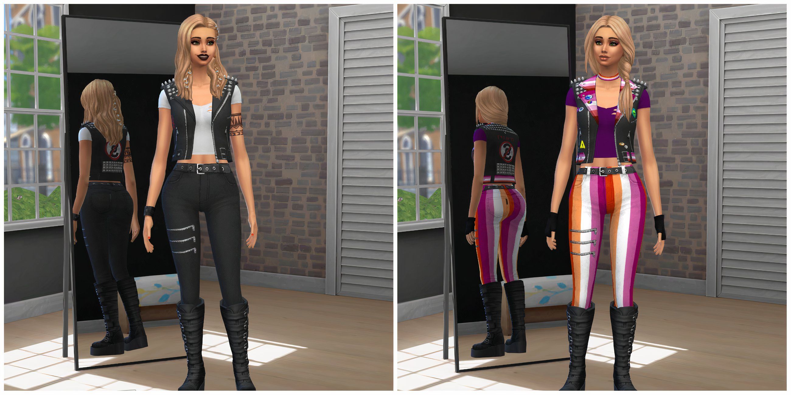 Two Sims posing in clothing and makeup from the Punk Pride Stuff Pack mod